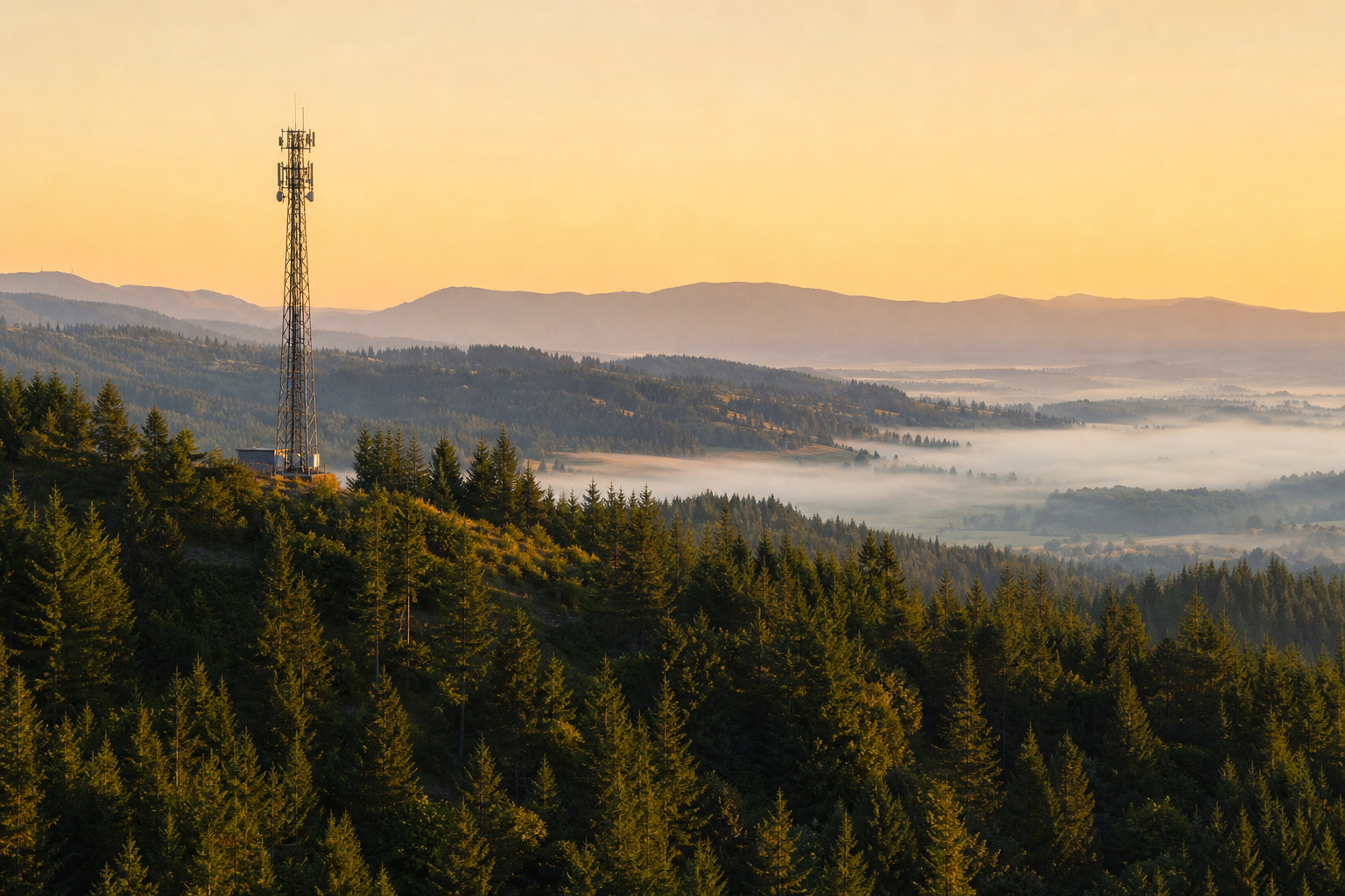 Cascadia Mesh tower overlooking Pacific Northwest forested hills at golden hour