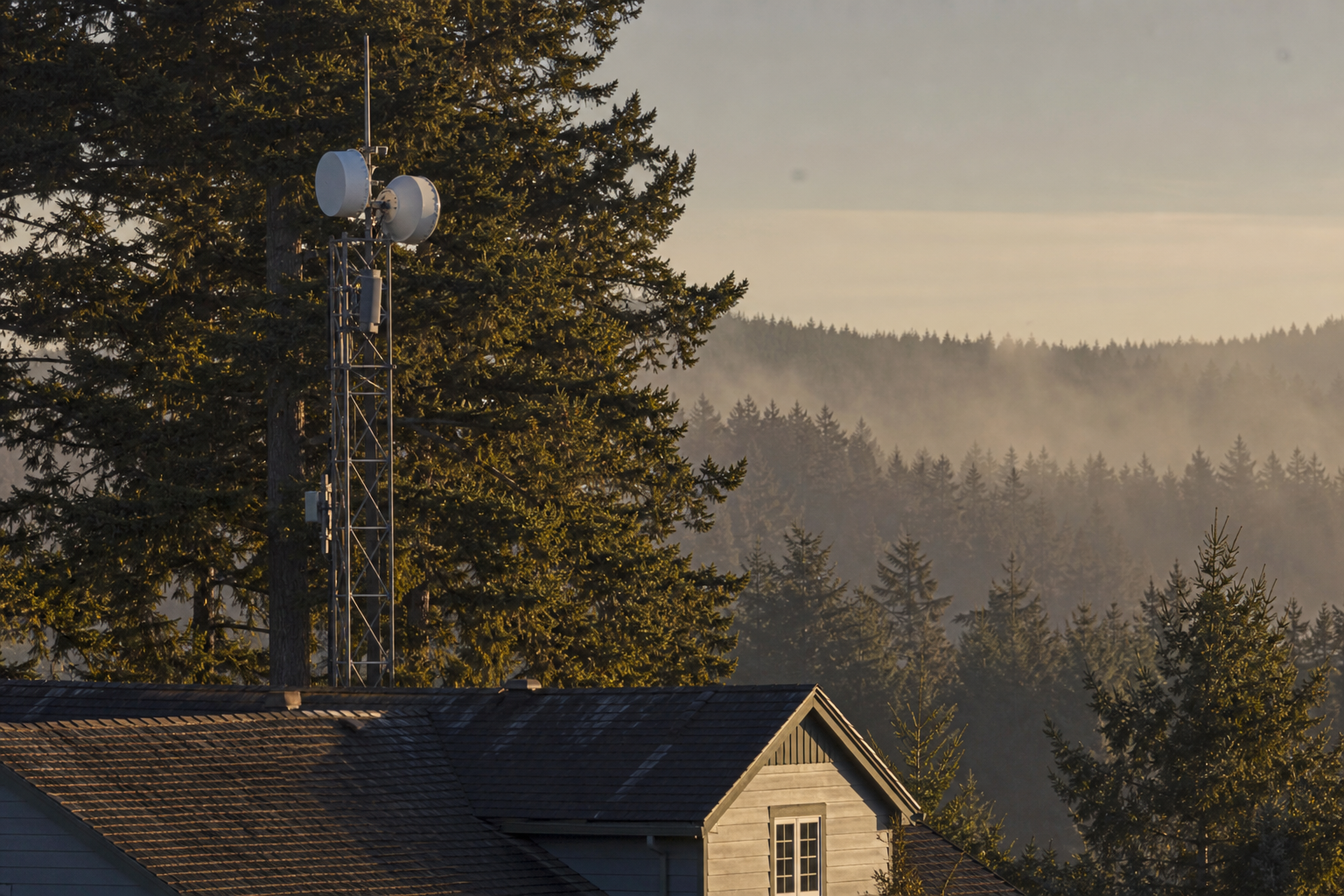 Light gauge steel telecom tower extension above rural Pacific Northwest canopy